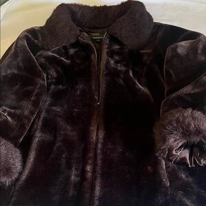 dennis basso Dark Brown Faux Fur Coat with Fur Trim